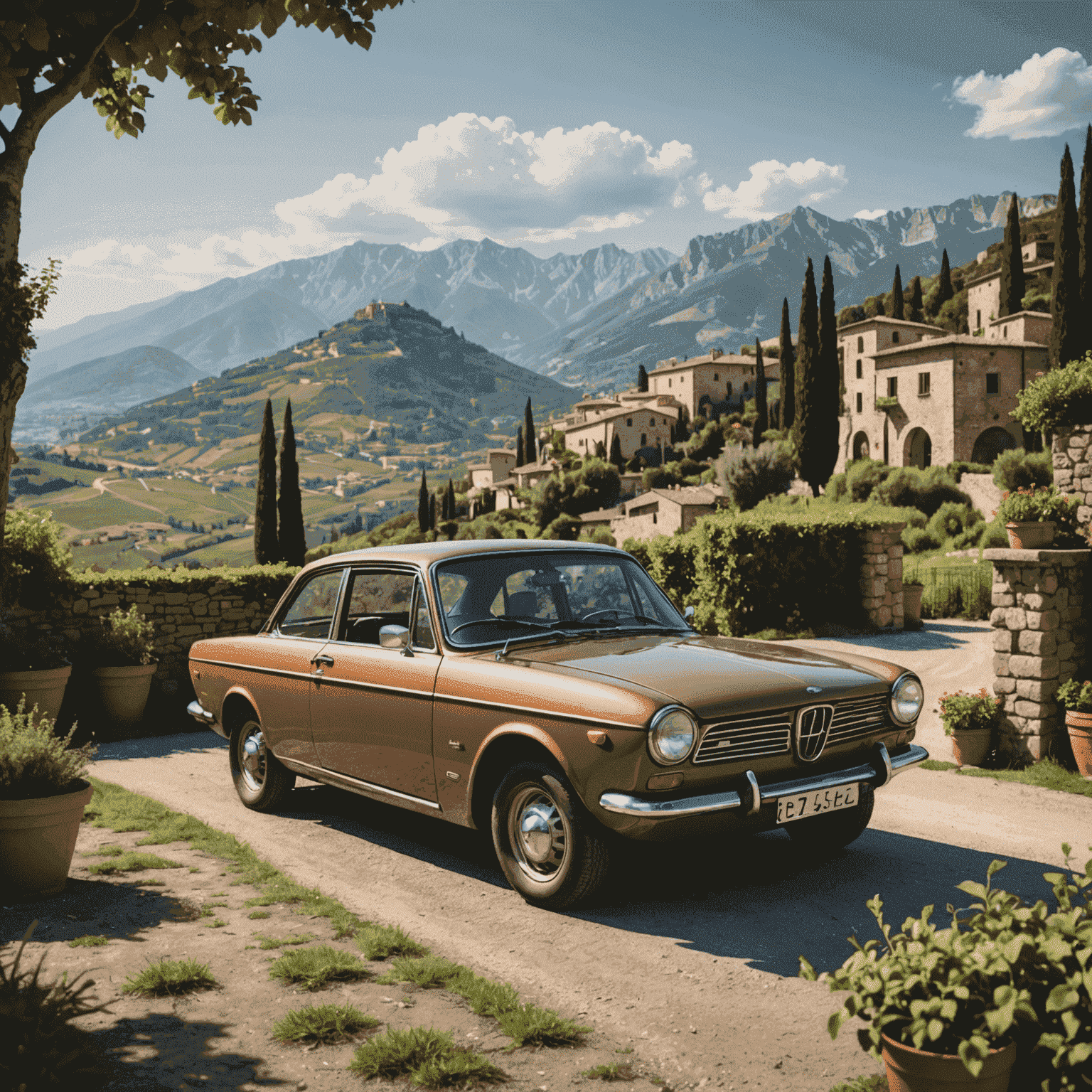 Immagine di un'auto in manutenzione con sfondo paesaggio italiano