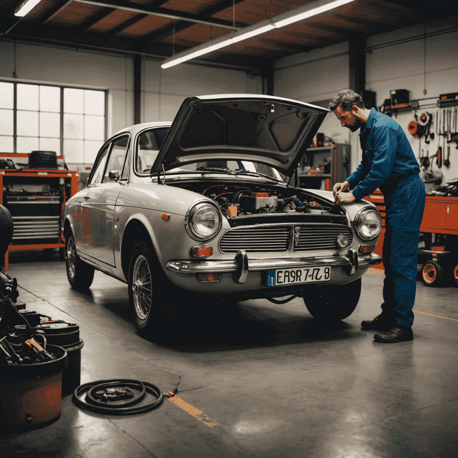 Un'auto italiana in un'officina di manutenzione con un meccanico che controlla il motore