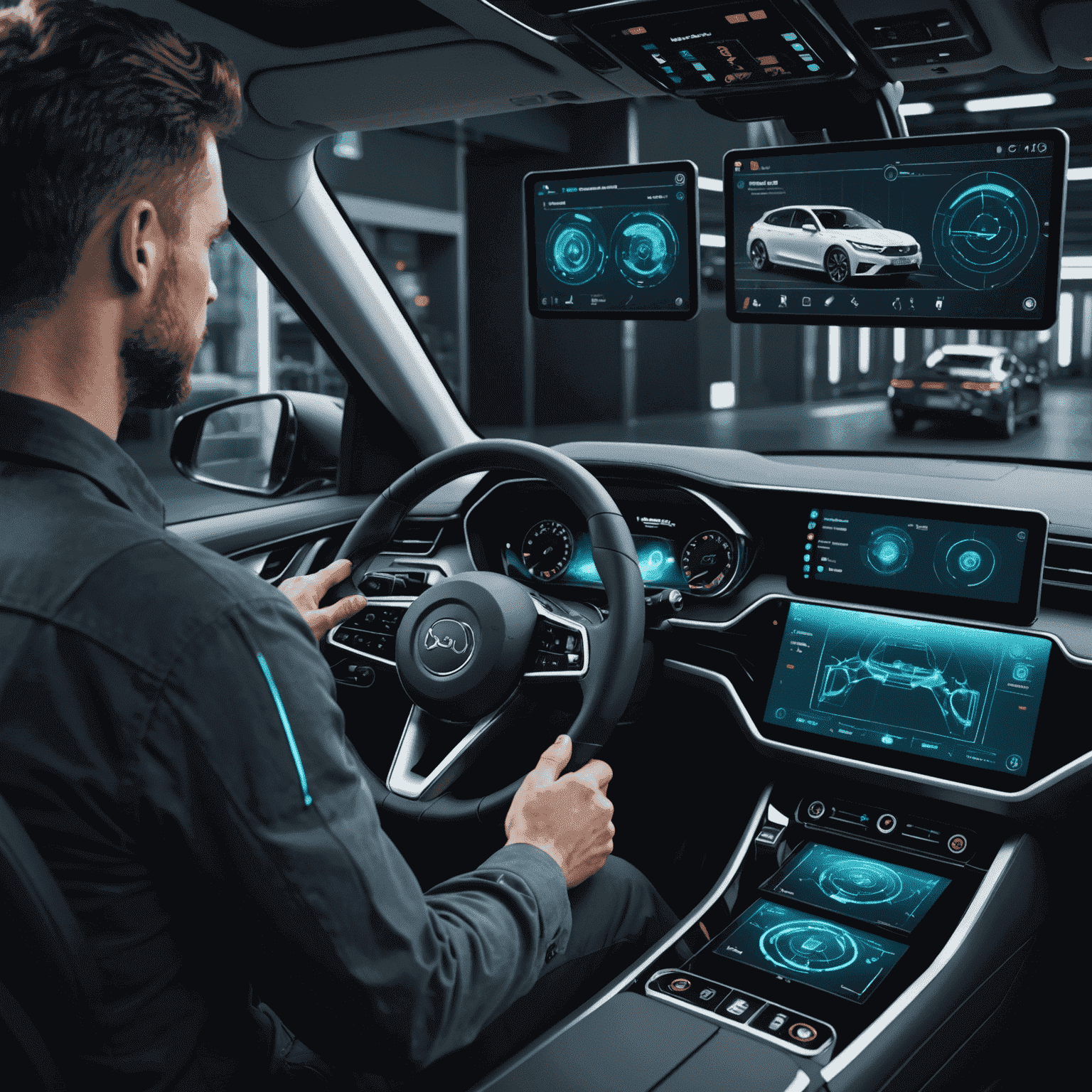 Un'immagine futuristica che mostra un'interfaccia di diagnostica automobilistica basata su AI, con schermi olografici che visualizzano dati del veicolo e un tecnico che interagisce con il sistema