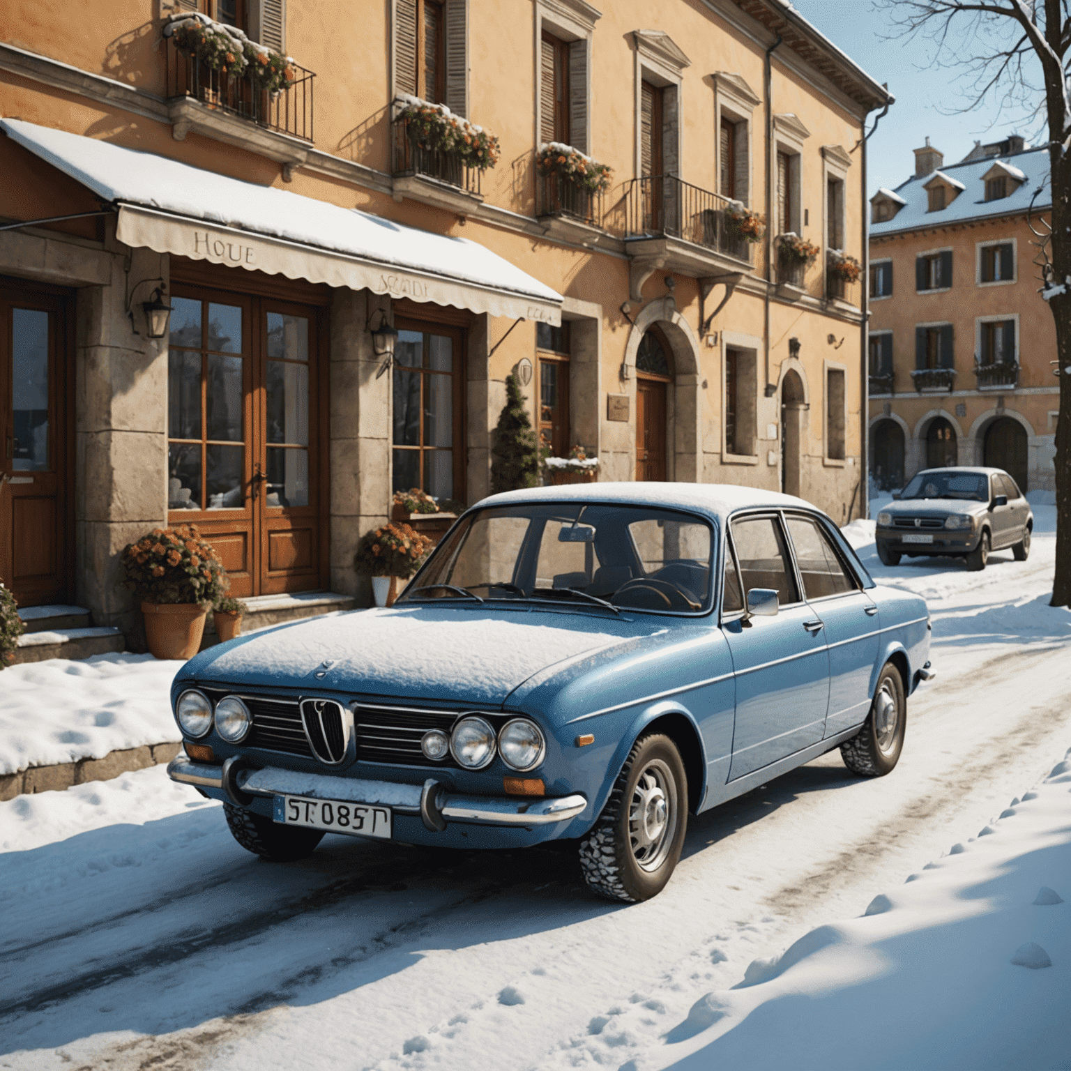 Un'auto mostrata in diverse condizioni stagionali italiane, dall'estate soleggiata all'inverno nevoso