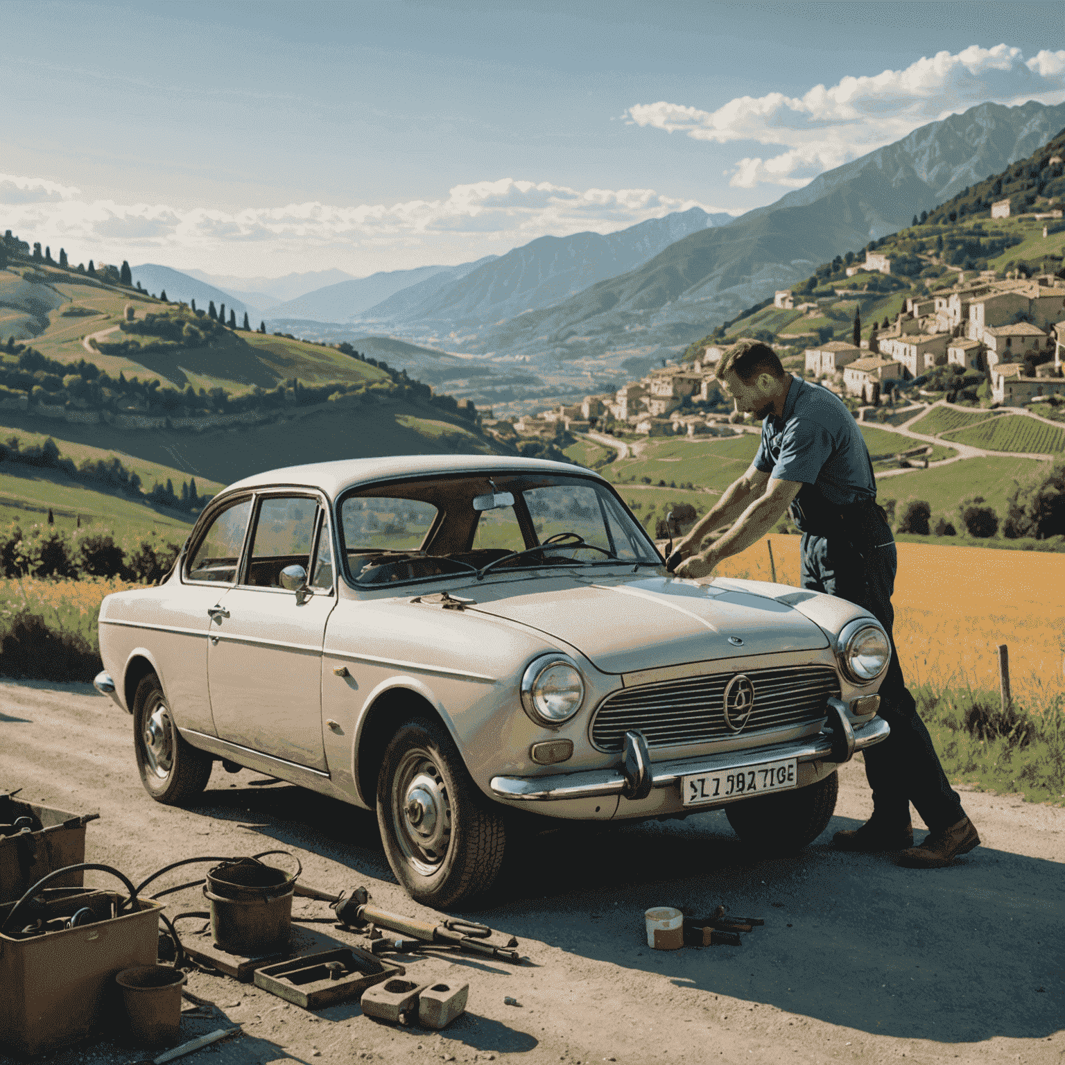 Immagine di un meccanico che esegue la manutenzione su un'auto italiana con sfondo di paesaggio italiano