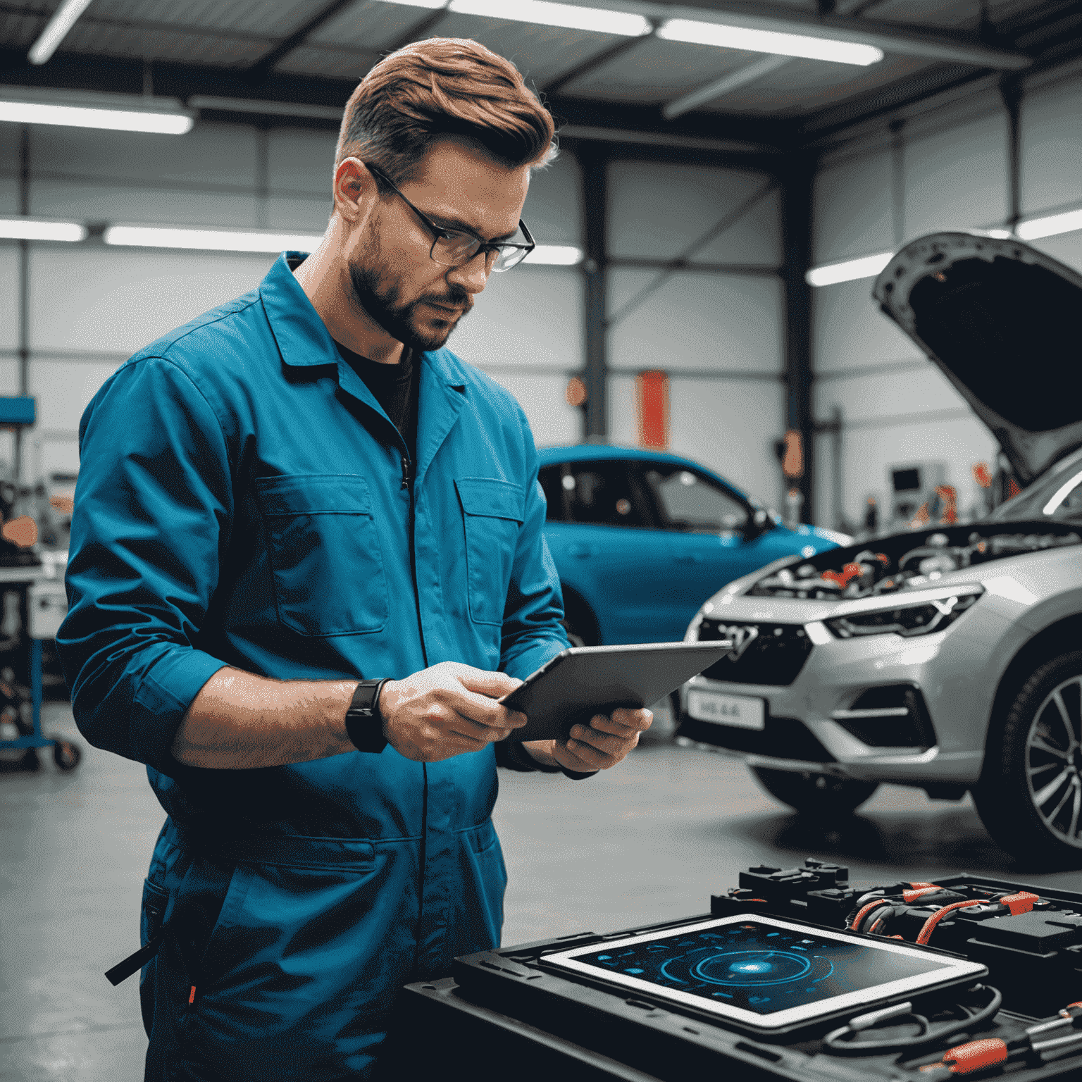 Un tecnico Plinkozaur che utilizza un tablet connesso al sistema di diagnostica AI, mentre lavora su un'auto moderna in un'officina high-tech