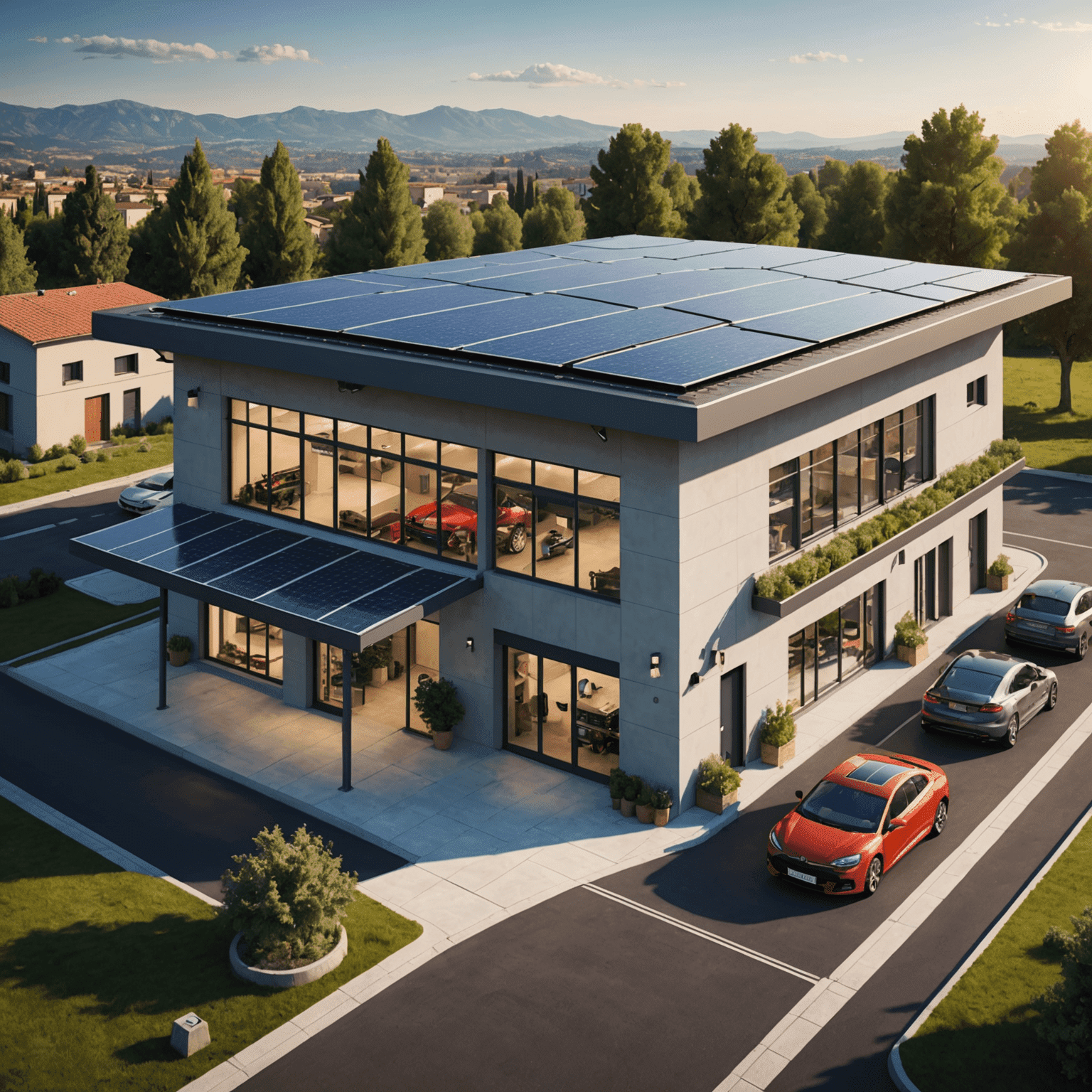 Un'officina auto italiana moderna con pannelli solari sul tetto, illuminazione LED e attrezzature ad alta efficienza energetica