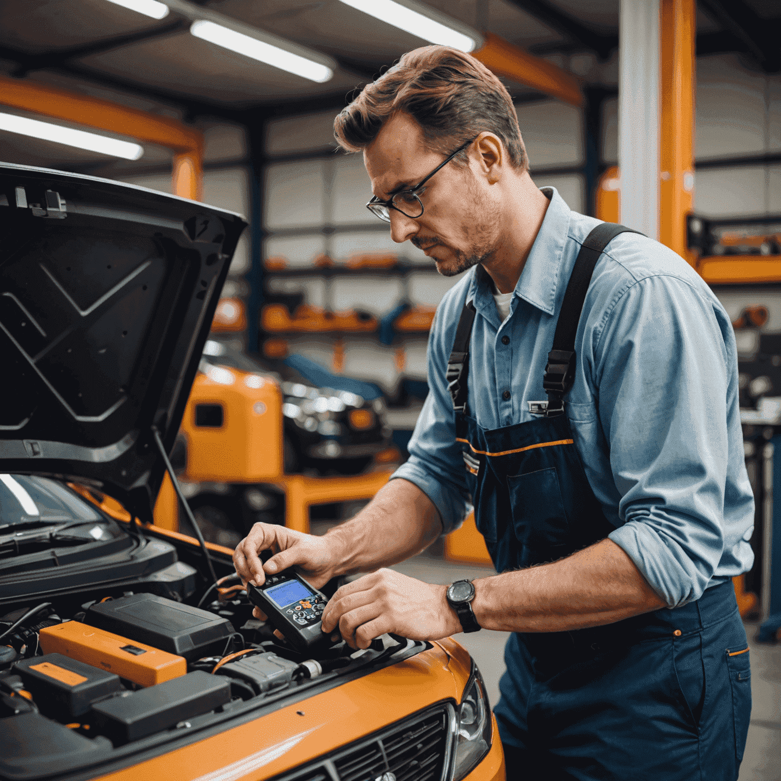 Un tecnico Plinko Auto Service che utilizza uno scanner OBD per diagnosticare un'auto in officina