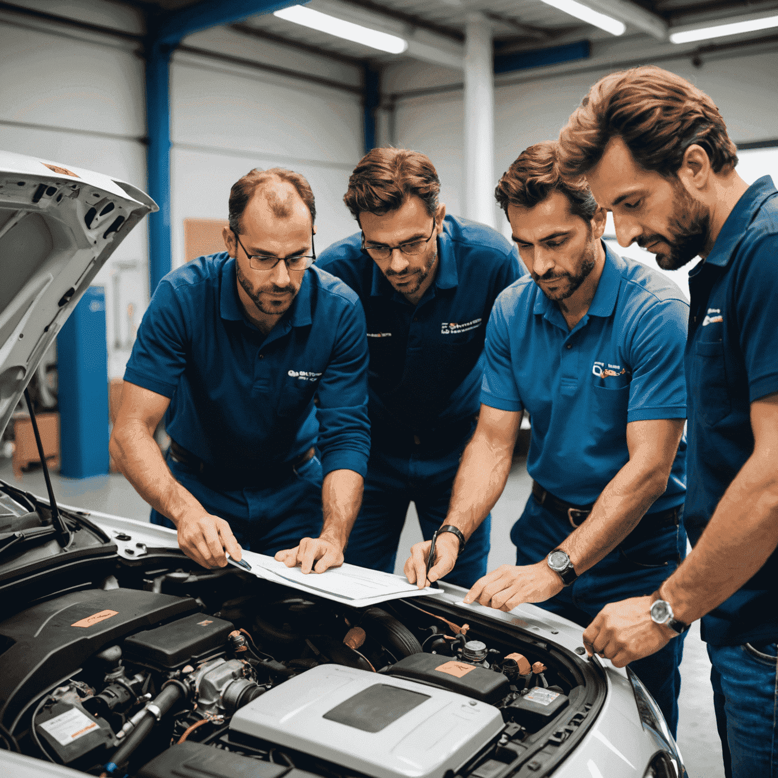 Un gruppo di meccanici italiani che partecipano a un corso di formazione sulle pratiche di manutenzione auto eco-friendly, utilizzando materiali didattici digitali e modelli di auto elettriche