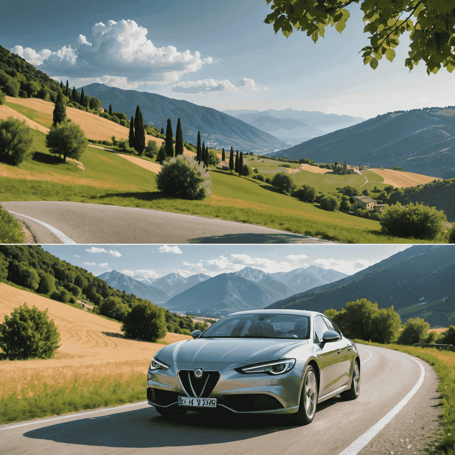 Immagine divisa che mostra un'auto in un paesaggio estivo italiano e in un paesaggio invernale italiano